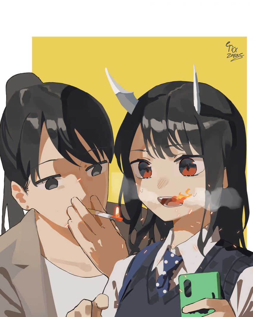2girls, aoki_ruri, aoki_umi, black_eyes, black_hair, black_vest, blue_necktie, breath_weapon, breathing_fire, brown_jacket, cellphone, cigarette, collared_shirt, dragon_girl, dragon_horns, ericx_gasi, fire, highres, holding, holding_cigarette, holding_phone, horns, indonesian_commentary, jacket, long_hair, looking_down, medium_hair, mother_and_child, mother_and_daughter, multiple_girls, necktie, open_mouth, parent_and_child, phone, ponytail, red_eyes, ruridragon, school_uniform, shirt, signature, smartphone, smoking, steam, swept_bangs, upper_body, vest, white_horns, white_shirt
