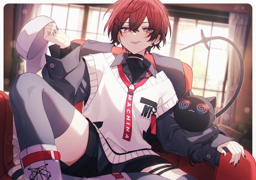 1boy, black_hair, black_nails, black_shorts, chair, choker, clothes_writing, collared_shirt