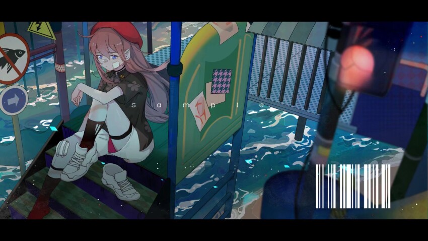 1girl, arm_on_knee, bandaid, bandaid_on_cheek, bandaid_on_face, bandaid_on_nose, barcode, beach