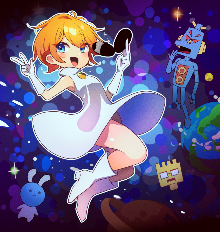 1girl, 2boys, absurdres, alien_bunny_(warioware), blue_eyes, dress, earth_(planet), fronk, gloves, highres, holding, holding_removed_eyewear, mike_(warioware), multiple_boys, nintendo, offbeat, open_mouth, orange_hair, orbulon, planet, robot, short_hair, space, sunglasses, unworn_eyewear, v, warioware, white_dress, white_footwear, white_gloves