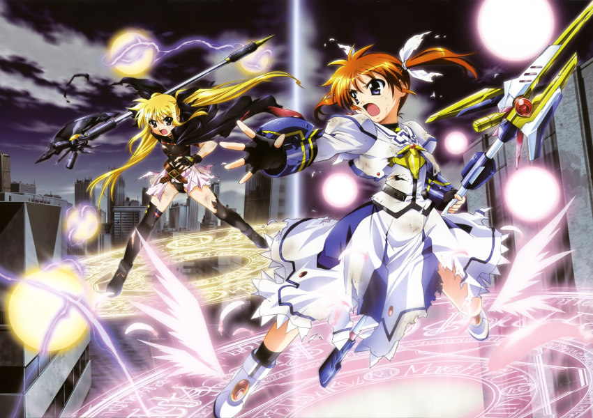 10s, 2girls, absurdres, bardiche_(axe_form)_(nanoha), bardiche_(nanoha), black_thighhighs, blonde_hair, brown_hair