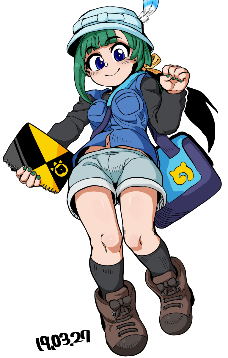 1girl, asymmetrical_hair, between_breasts, black_shirt, black_socks, blue_eyes, blue_hat, blue_vest