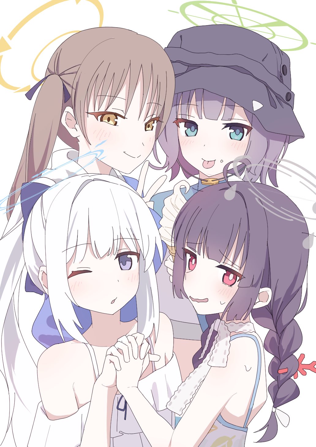 4girls, 7ben9i, ahoge, bikini, black_hair, black_headwear, blue_archive, blue_halo