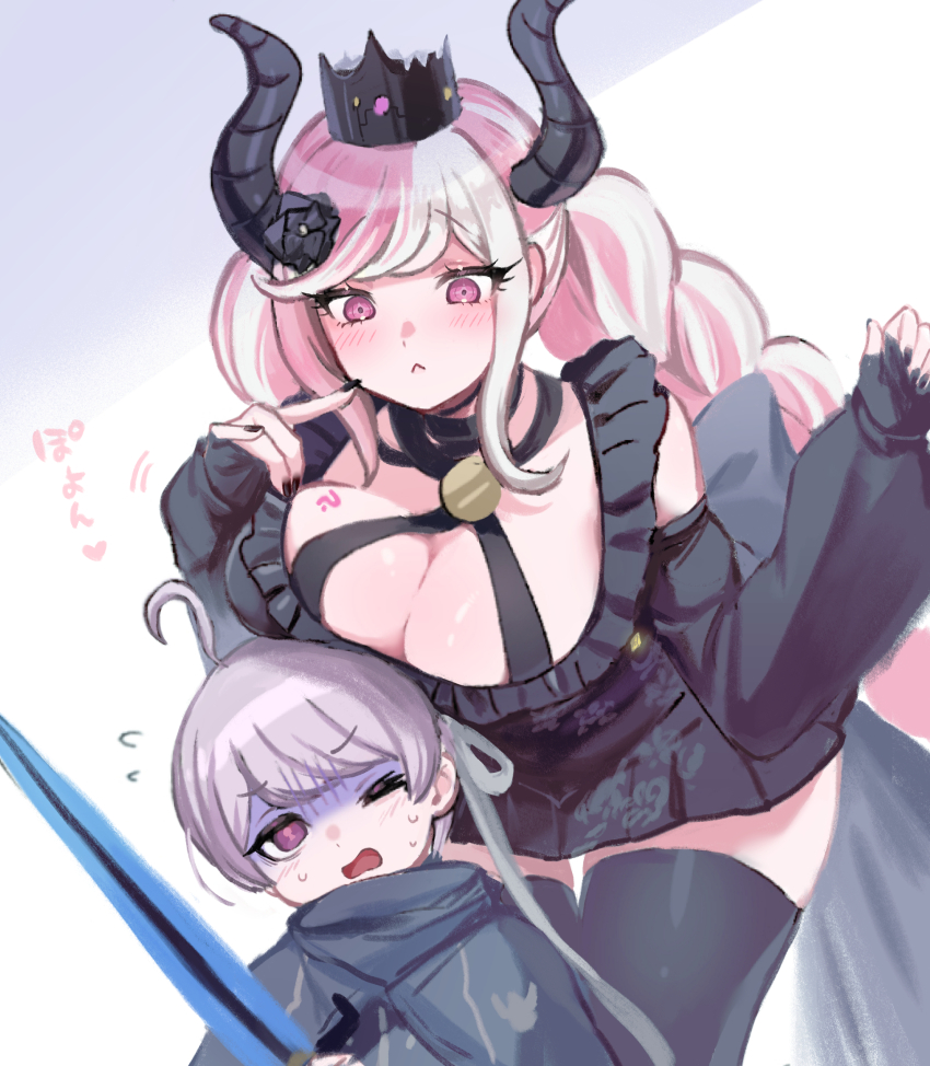 1boy, 1girl, black_dress, black_flower, black_horns, black_nails, black_thighhighs, braid, breast_press, breast_rest, breasts, breasts_on_head, cleavage, commentary_request, crown, detached_sleeves, dress, finger_to_cheek, fingerless_gloves, flower, gloves, hands_up, highres, holding, holding_sword, holding_weapon, horns, large_breasts, leaning_forward, long_hair, looking_at_another, looking_down, master_detective_archives:_rain_code, multicolored_hair, nail_polish, open_mouth, pink_eyes, pink_hair, purple_eyes, purple_hair, shinigami_(rain_code), short_dress, short_hair, sidelocks, sweatdrop, sword, thick_thighs, thighhighs, thighs, translation_request, turn_pale, twin_braids, two-tone_hair, very_long_hair, weapon, white_hair, yuma_kokohead, zuzuko
