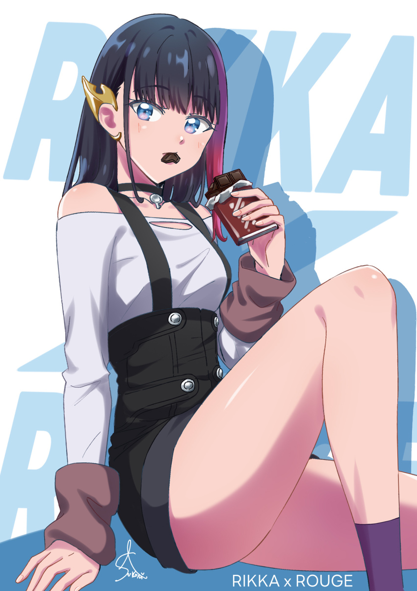 1girl, arm_support, black_choker, black_hair, blue_eyes, blunt_bangs, blush, candy