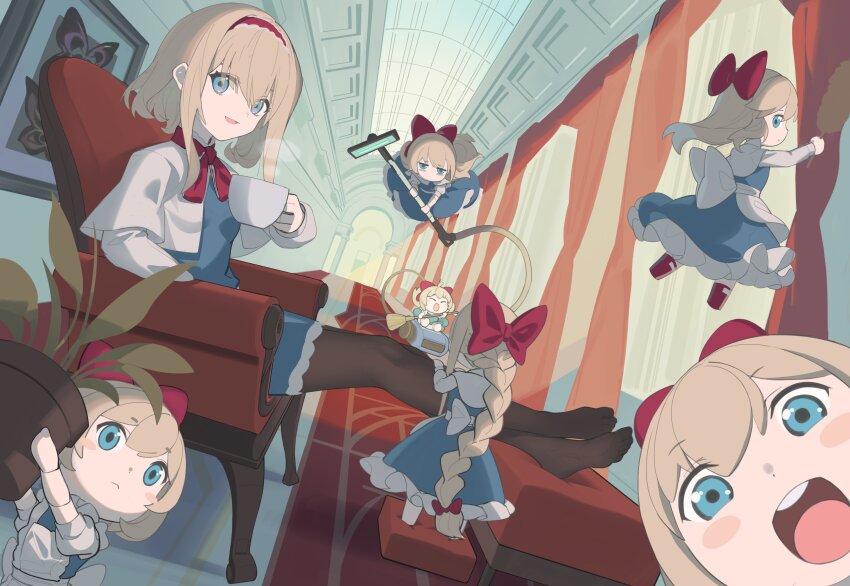 6+girls, absurdres, alice_margatroid, armchair, black_pantyhose, blonde_hair, blue_dress, blue_eyes