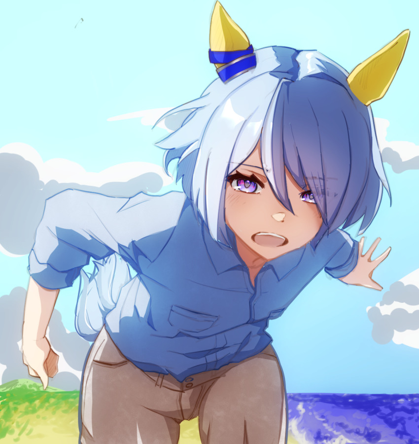 1girl, animal_ears, blue_hair, blue_shirt, blue_sky, brown_pants, collared_shirt, commentary_request