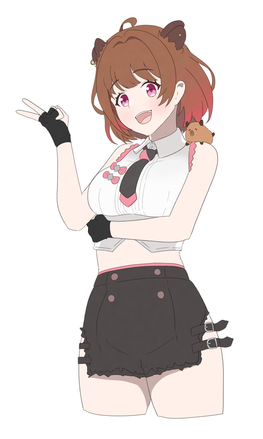 1girl, :d, ahoge, arm_up, black_gloves, black_necktie, black_skirt, blush, breasts, brown_hair, capybara, capybara_girl, catnamenothing, collared_shirt, commentary_request, cowboy_shot, crop_top, cropped_legs, fingerless_gloves, gloves, gradient_hair, hair_intakes, highres, large_breasts, looking_at_viewer, miniskirt, multicolored_hair, nanashi_inc., necktie, open_mouth, pink_eyes, pink_hair, shirt, simple_background, skirt, sleeveless, sleeveless_shirt, smile, solo, teeth, torn_clothes, torn_skirt, upper_teeth_only, virtual_youtuber, white_background, white_shirt, yunohara_izumi