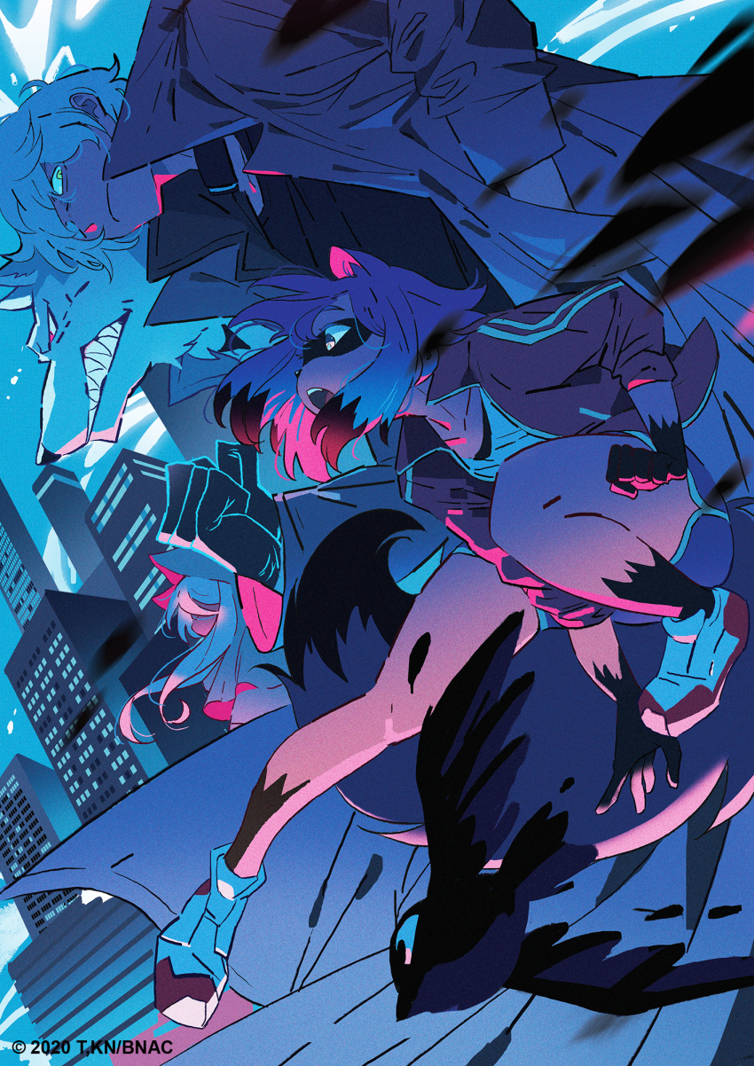 1boy, 2girls, animal_ears, animal_nose, artist_logo, bird, black_shirt, blue_hair