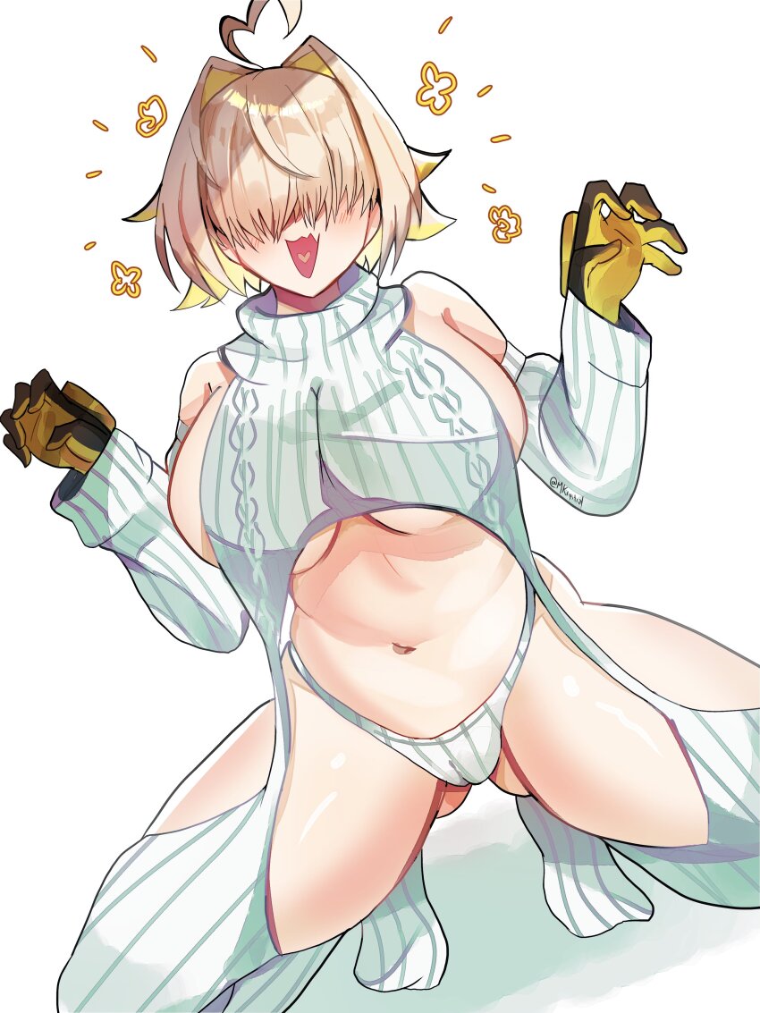 1girl, absurdres, ahoge, alternate_costume, black_gloves, blonde_hair, blush, breasts