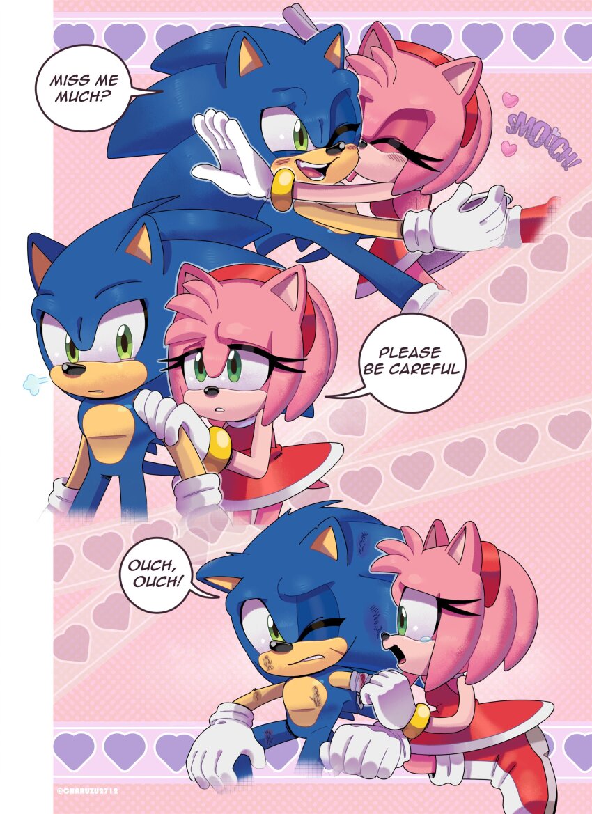 1boy, 1girl, absurdres, amy_rose, animal_ears, artist_name, bandaged_arm, bandages