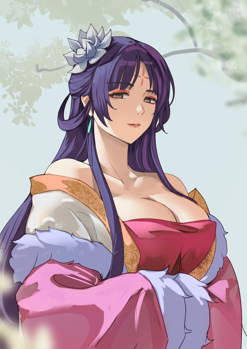 1girl, bare_shoulders, blue_sky, breasts, chinese_clothes, collarbone, eyeshadow, facial_mark, flower, forehead_mark, fur_trim, hair_flower, hair_ornament, hair_up, hanfu, highres, kusuriya_no_hitorigoto, large_breasts, lipstick, long_hair, looking_at_viewer, makeup, notgustiarp, outdoors, pairin_(kusuriya_no_hitorigoto), purple_hair, sky
