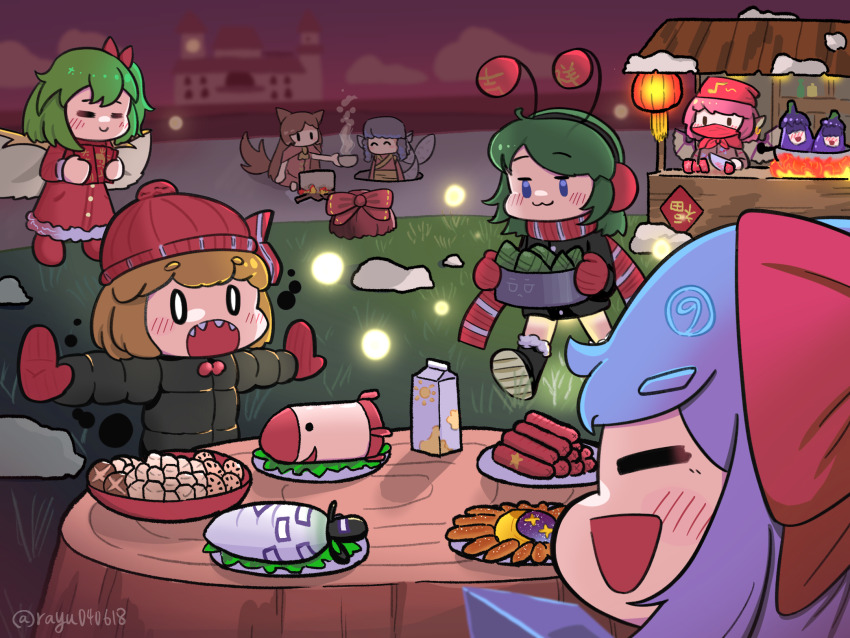 6+girls, :3, :d, alternate_costume, antennae, bamboo_shoot, black_coat, blonde_hair