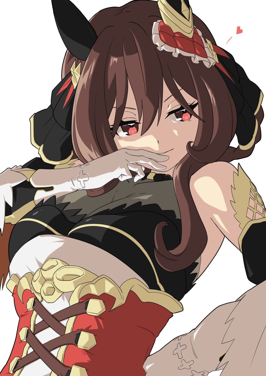 1girl, absurdres, animal_ears, breasts, commentary_request, detached_sleeves, gentildonna_(umamusume), gloves, hair_between_eyes, hair_ornament, hair_rings, heart, highres, horse_ears, horse_girl, kuman_bachi, looking_at_viewer, medium_breasts, medium_hair, portrait, red_eyes, simple_background, solo, umamusume, white_background