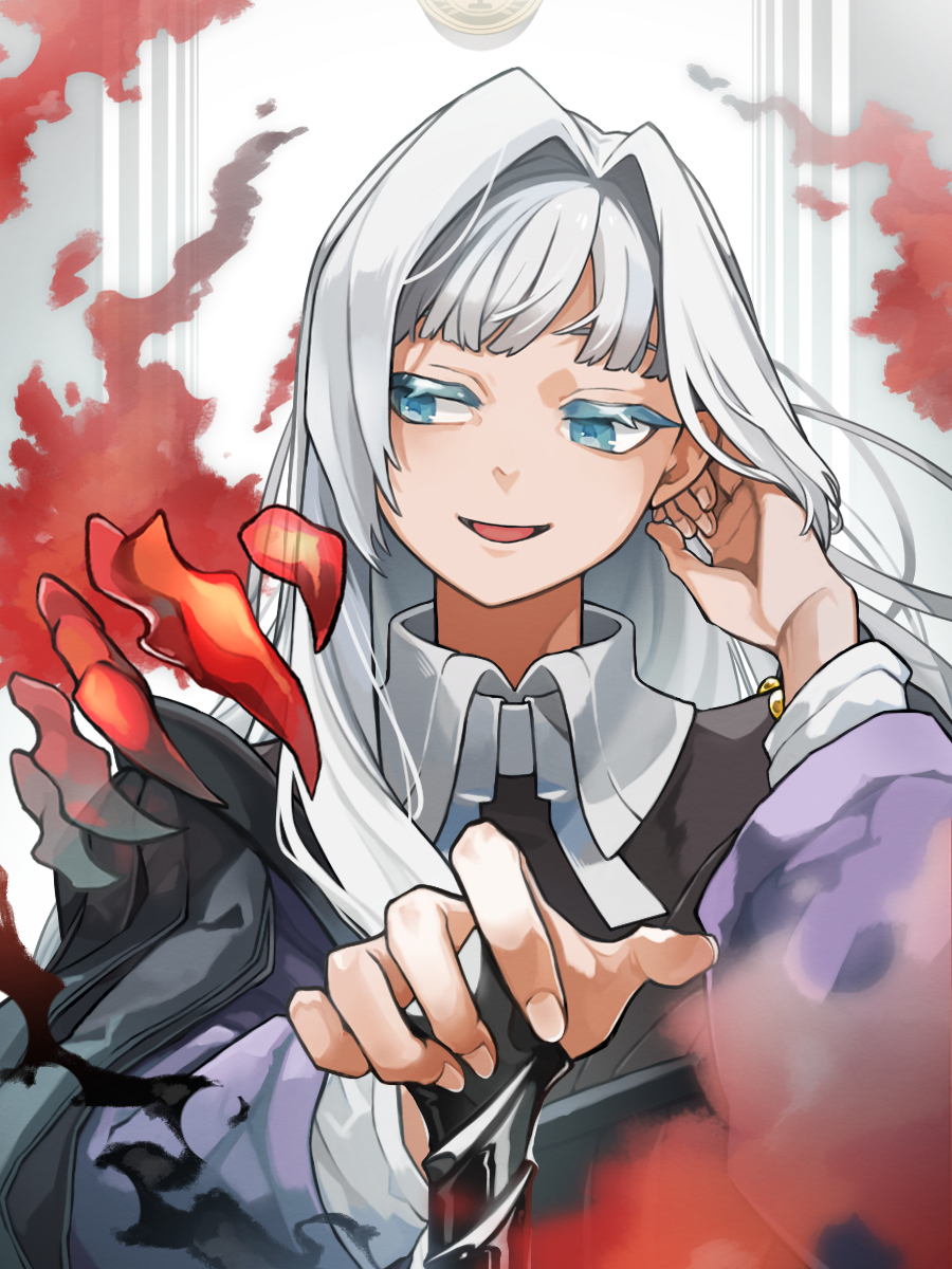 1girl, :d, adjusting_hair, blue_eyes, blunt_bangs, brown_dress, collared_dress, dikke_(reverse:1999)