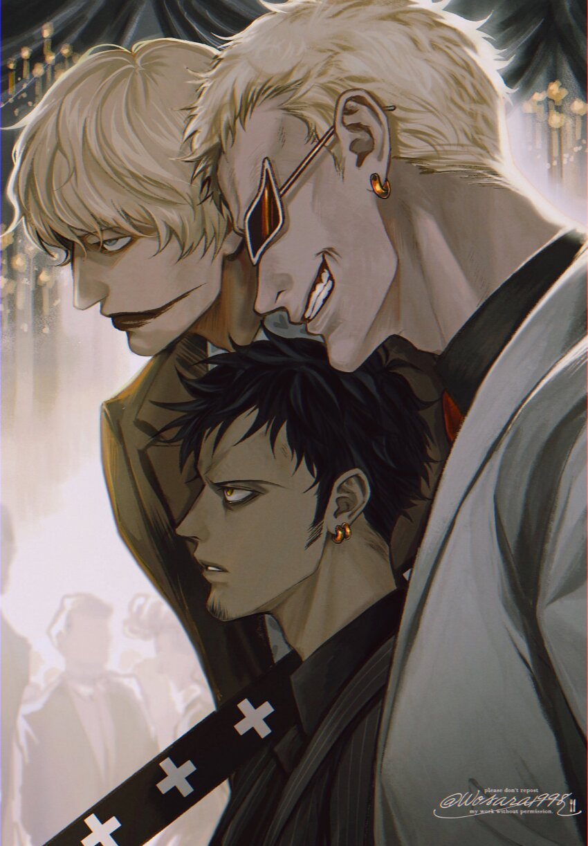 3boys, black_hair, black_shirt, blonde_hair, blue_eyes, blurry, blurry_background, brown_jacket