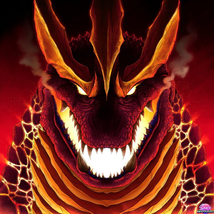 13am_games, close-up, crest, dawn_of_the_monsters, elemental_(creature), fire_elemental, glowing, glowing_eyes, glowing_mouth, glowing_veins, horns, kaiju, lava, looking_at_viewer, megadon, monster, no_pupils, open_mouth, sharp_teeth, smoke, spacedragon14, steam, teeth, veins, wayforward