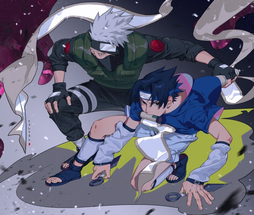 2boys, an_kyoung, black_hair, black_pants, fingerless_gloves, gloves, grey_hair, hands_on_own_knees