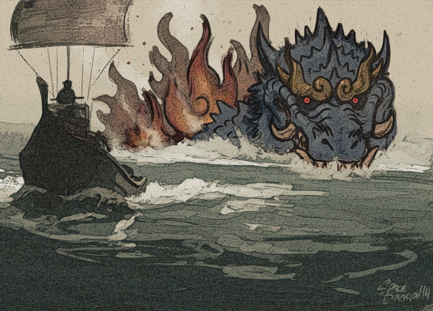 absurdres, artist_name, boat, chasing, demon, dinosaur, giant, giant_monster, godzilla, godzilla_(series), godzilla_chasing_boat_(meme), godzilla_minus_one, highres, kaiju, meme, monster, ocean, oni, red_eyes, sailboat, sea_monster, spacedragon14, spikes, toho, tusks, water, watercraft