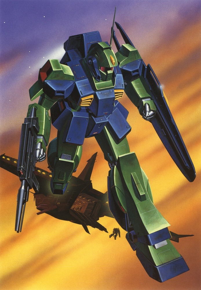 1980s_(style), aircraft, beam_rifle, cloud, energy_gun, flying, freefall, glint, gundam, hasegawa_masayuki, mecha, mobile_suit, nemo_(mobile_suit), no_humans, official_art, oldschool, open_hatch, painting_(medium), production_art, promotional_art, radio_antenna, retro_artstyle, robot, scan, science_fiction, shield, thrusters, traditional_media, vernier_thrusters, weapon, zeta_gundam
