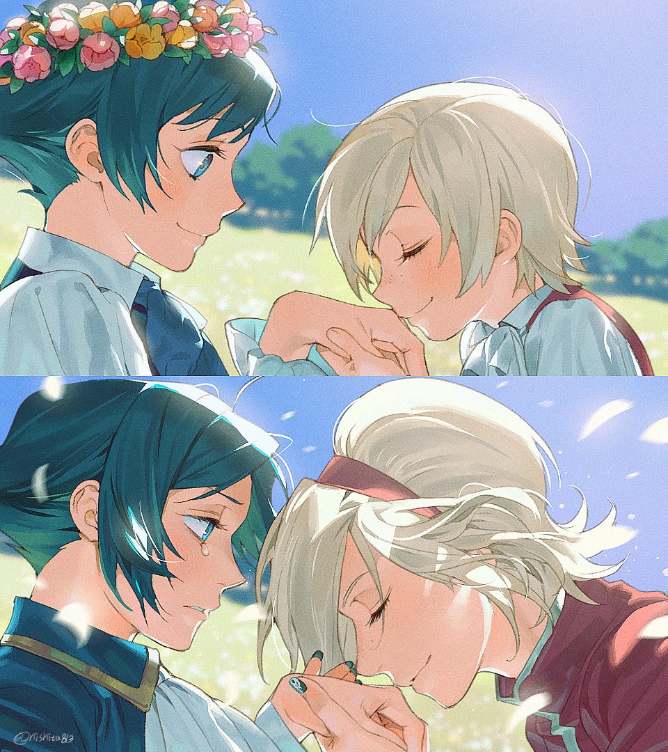 1boy, 1girl, ash_crimson, blonde_hair, blue_eyes, blue_hair, closed_eyes, elisabeth_blanctorche