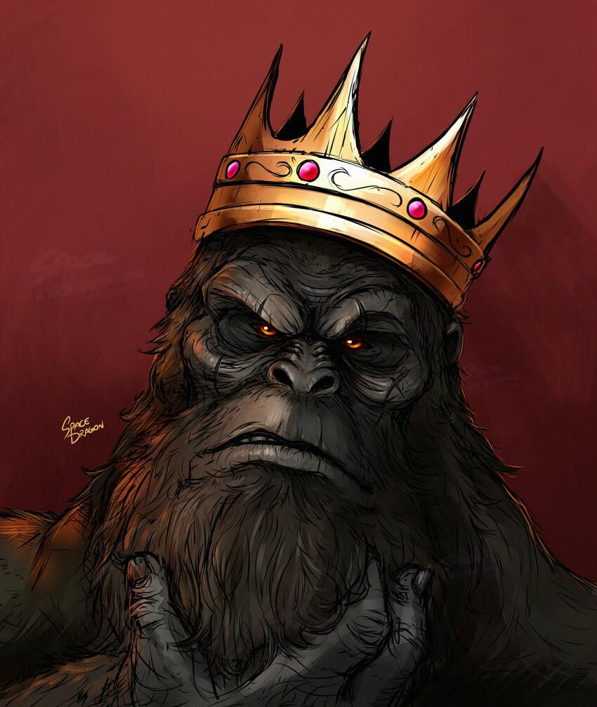 absurdres, ape, artist_name, beard, close-up, crossover, crown, facial_hair