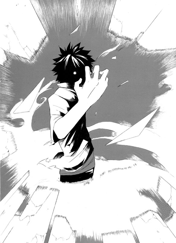 1boy, bad_id, bad_pixiv_id, black_(pixiv292030), faceless, glass, glowing, glowing_eye, greyscale, kamijou_touma, male_focus, monochrome, shirt, solo, spiked_hair, toaru_majutsu_no_index, wind