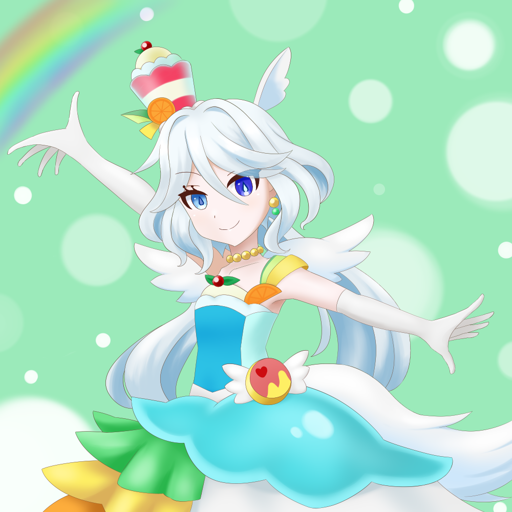 1girl, arm_up, bare_shoulders, berry, choker, commentary_request, cosplay, coyc, cure_parfait, cure_parfait_(cosplay), dress, earrings, food, fruit, furina_(genshin_impact), genshin_impact, jewelry, kirakira_precure_a_la_mode, leaf, long_sleeves, looking_at_viewer, minase_inori, orange_(fruit), outstretched_arms, parfait, pearl_choker, pearl_earrings, precure, rainbow, solo, strapless, strapless_dress, voice_actor_connection, white_wings, wings