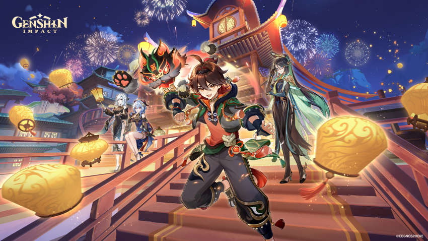 1boy, 3girls, ahoge, aqua_hair, architecture, bare_legs, black_dress, black_hair