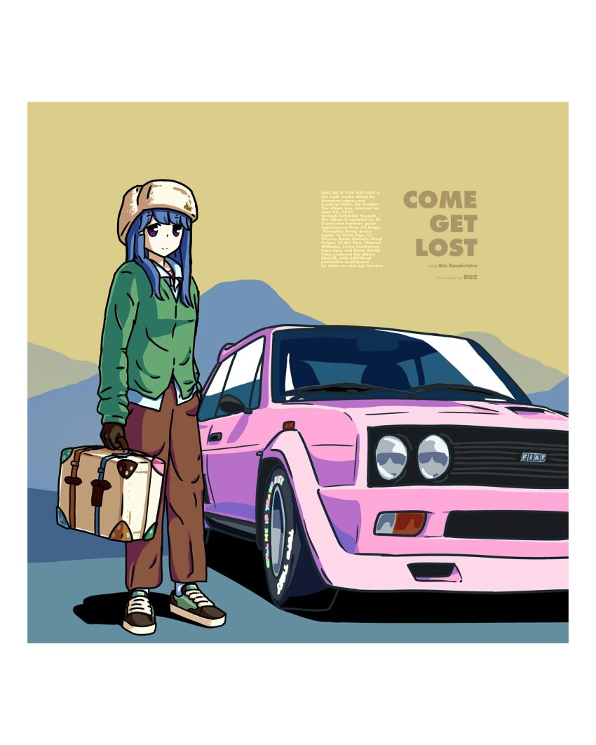 1girl, artist_name, black_gloves, black_shoes, blue_hair, blue_shirt, border, briefcase, brown_hat, brown_pants, car, character_name, commentary, cosplay, duz, english_commentary, english_text, fiat, fiat_131_abarth, fur_hat, gloves, green_jacket, hat, highres, holding, holding_briefcase, jacket, long_hair, looking_at_viewer, motor_vehicle, pants, papakha, purple_eyes, real_life, shadow, shima_rin, shirt, shoes, smile, sneakers, solo, tyler_the_creator, tyler_the_creator_(cosplay), white_border, yurucamp