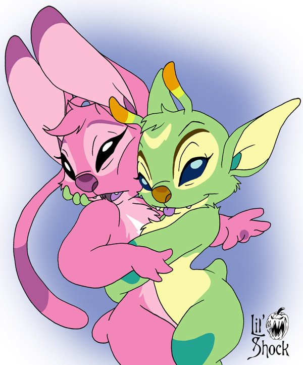 2girls, alien, angel_(lilo_&amp;_stitch), arm_around_another, black_eyes, blue_eyes, bonnie_(lilo_and_stitch), deviantart_username