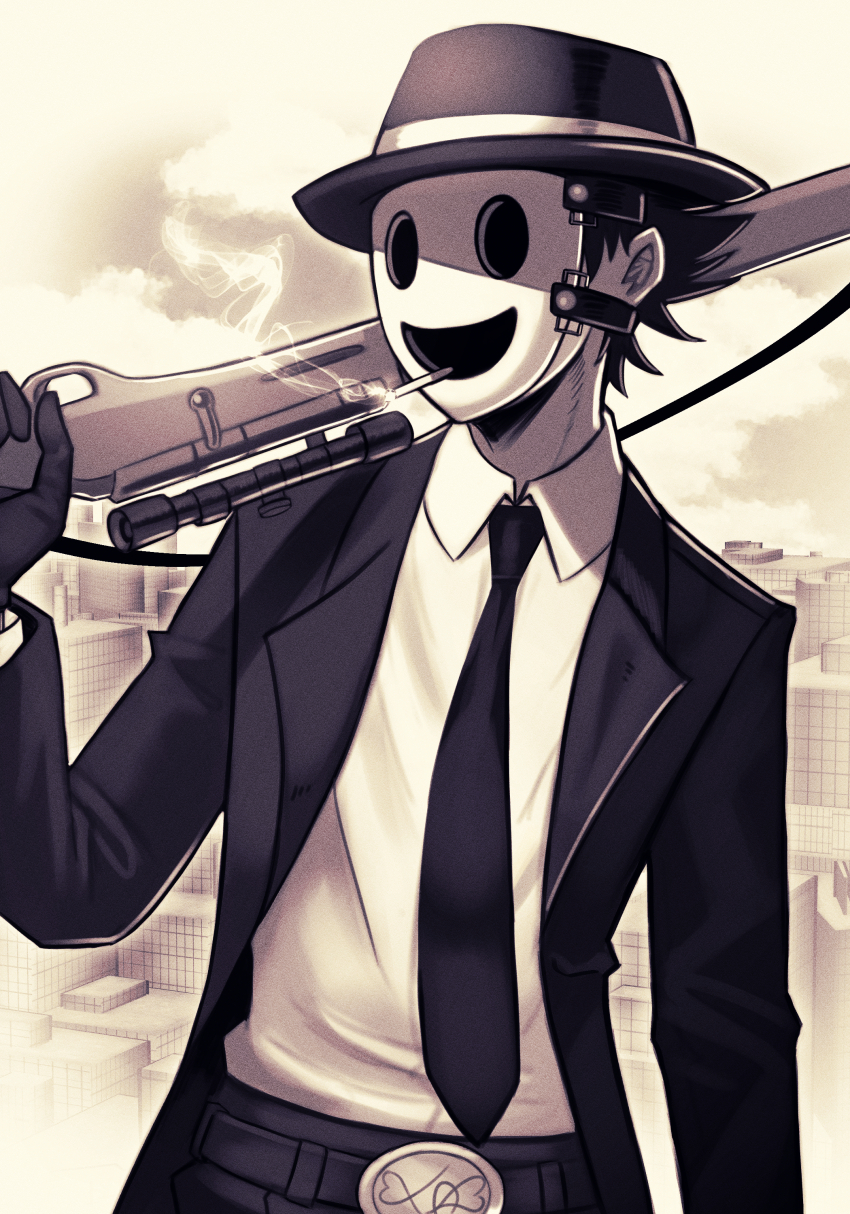 1boy, absurdres, belt_buckle, bolt_action, buckle, cigarette, collared_shirt, formal_clothes, gloves, gun, highres, holding, holding_gun, holding_weapon, long_sleeves, male_focus, mask, monochrome, necktie, over_shoulder, rifle, sepia, shirt, shirt_tucked_in, short_hair, silverchariotx, sniper_mask_(tenkuu_shinpan), sniper_rifle, solo, suit, tenkuu_shinpan, trilby, upper_body, weapon, weapon_over_shoulder, weapon_request