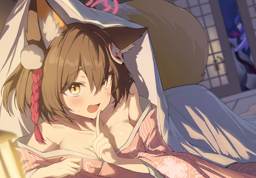 3girls, absurdres, animal_ear_fluff, animal_ears, black_hair, blue_archive, blush, breasts, collarbone, fang, fox_ears, halo, highres, index_finger_raised, indoors, izuna_(blue_archive), japanese_clothes, kimono, long_sleeves, looking_at_viewer, manew, medium_breasts, michiru_(blue_archive), multiple_girls, ninjutsu_research_club_(blue_archive), open_mouth, pink_halo, pink_kimono, short_hair, shouji, skin_fang, sliding_doors, tsukuyo_(blue_archive), wide_sleeves, yellow_eyes