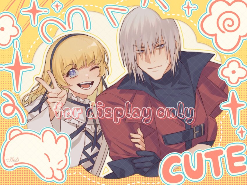 1boy, 1girl, blonde_hair, blue_eyes, bow, closed_mouth, clothes_grab, coat