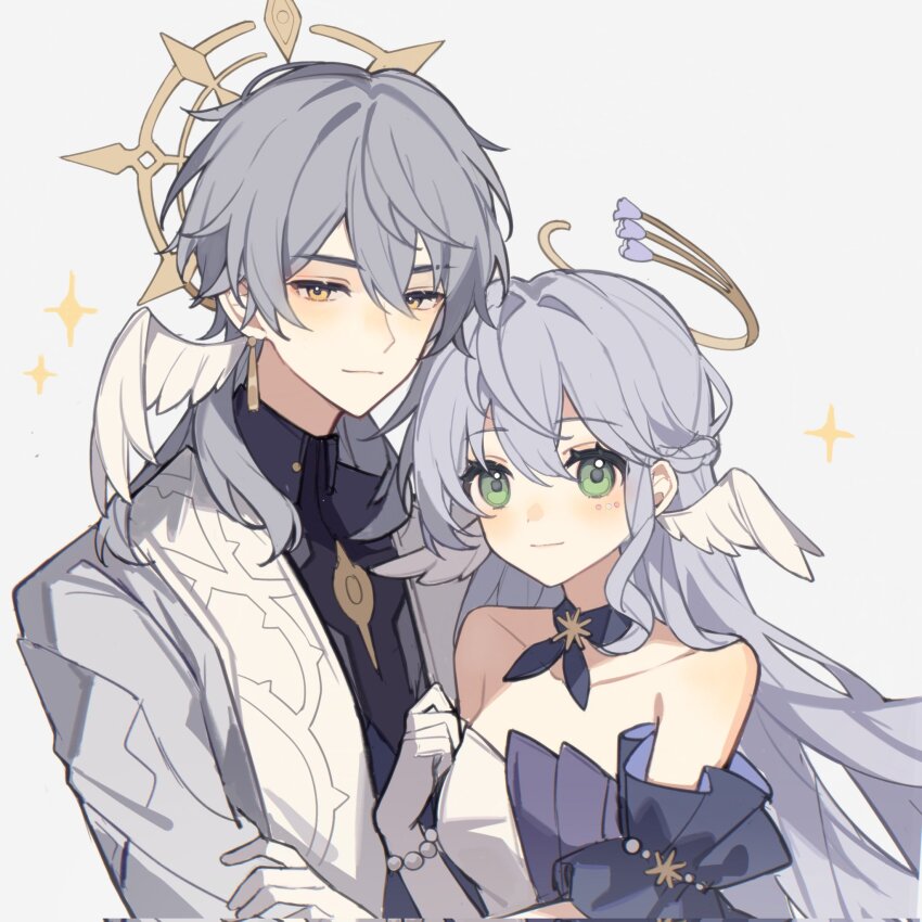 1boy, 1girl, bare_shoulders, black_shirt, blue_choker, blue_ribbon, blush, bracelet