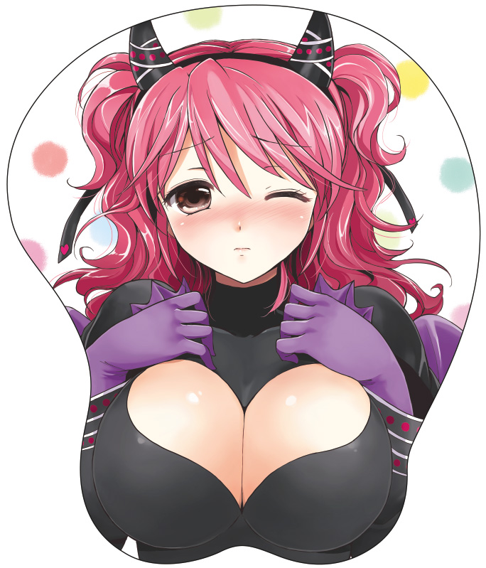 1girl, akina_tsukako, blush, breast_mousepad, breasts, cheria_barnes, cheria_barnes_(little_imp), cleavage, cleavage_cutout, clothing_cutout, female_focus, gloves, heart_cutout, horns, large_breasts, mousepad_(medium), official_alternate_costume, one_eye_closed, pink_hair, solo, tales_of_(series), tales_of_graces, wince, wink
