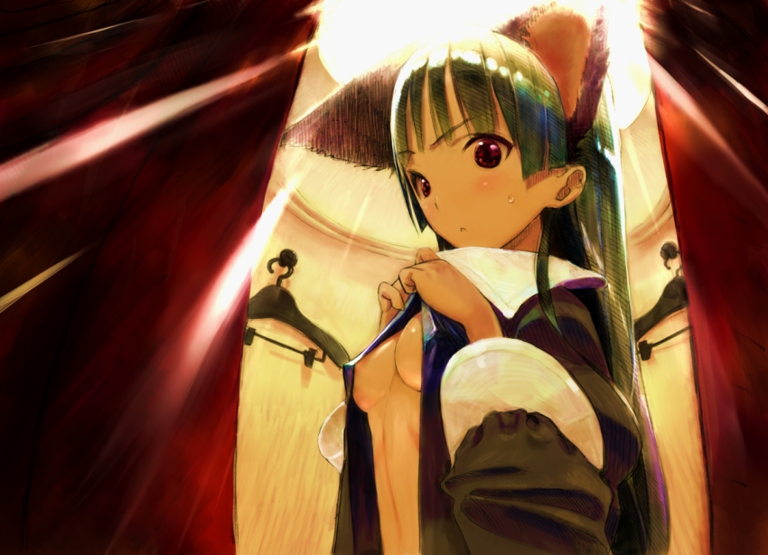 1girl, :<, bad_id, bad_pixiv_id, blush, breasts, brown_eyes, cleavage