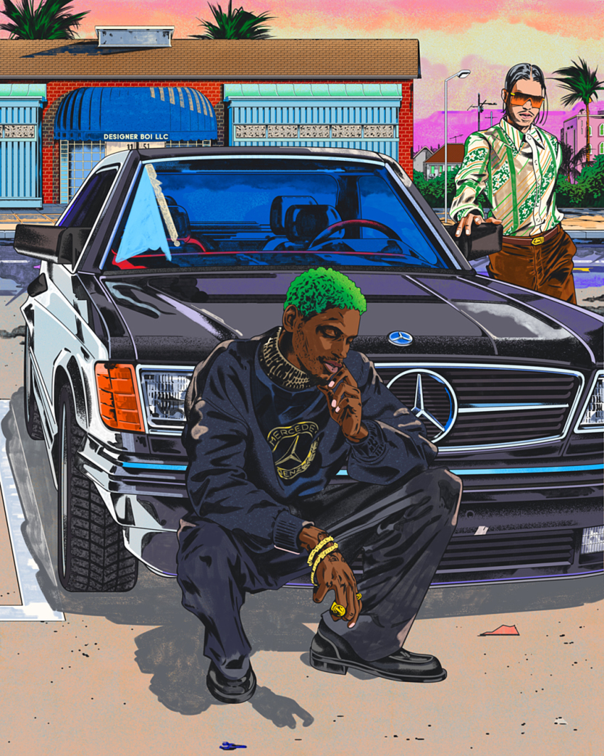 2boys, a$ap_nast, black_footwear, black_sweater, bracelet, brown_pants, building, car