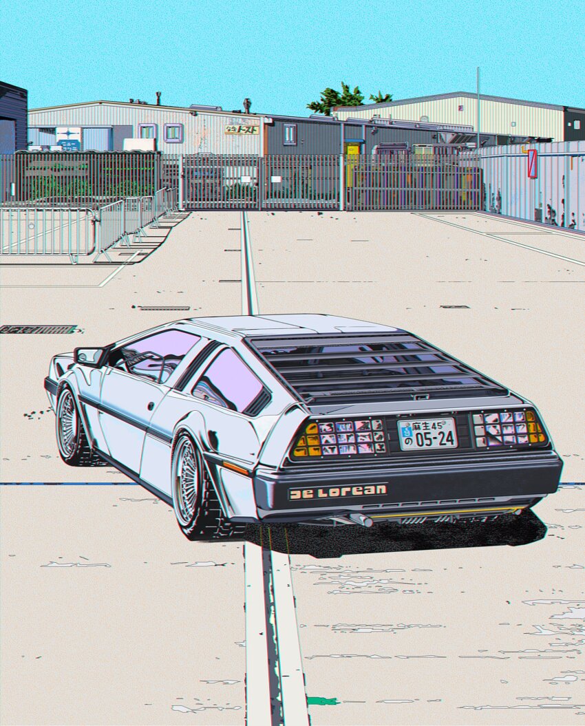 car, delorean, from_behind, highres, motor_vehicle, no_humans, original, outdoors