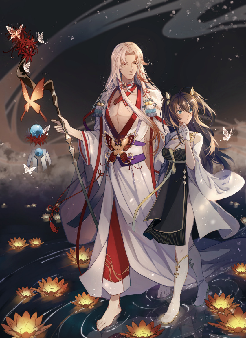 1boy, 1girl, :|, absurdres, alternate_hair_length, alternate_hairstyle, barefoot, bell, black_dress, black_hair, blue_eyes, boots, bug, butterfly, butterfly_hair_ornament, butterfly_ornament, chinese_clothes, choker, closed_mouth, curtained_hair, dress, expressionless, female_master_(the_tale_of_food), flower, fog, full_body, gloves, hair_between_eyes, hair_ornament, hair_ribbon, half_gloves, hand_on_own_chin, hanfu, highres, holding, holding_staff, insect, jingle_bell, kocona, long_hair, long_sleeves, looking_at_animal, looking_at_another, looking_to_the_side, meng_po_tea_(the_tale_of_food), multicolored_hair, open_clothes, open_robe, orange_butterfly, orange_flower, pants, parted_bangs, pectoral_cleavage, pectorals, pinstripe_dress, pinstripe_pattern, red_choker, red_eyes, red_flower, red_hair, red_pants, red_ribbon, reflection, reflective_liquid, ribbon, ripples, robe, sash, shrug_(clothing), spider_lily, staff, streaked_hair, tassel, the_tale_of_food, tress_ribbon, two-tone_dress, two_side_up, walking, walking_on_liquid, water, water_lily_flower, white_butterfly, white_dress, white_footwear, white_gloves, white_hair, white_robe, white_sleeves, wide_sleeves, yellow_sash