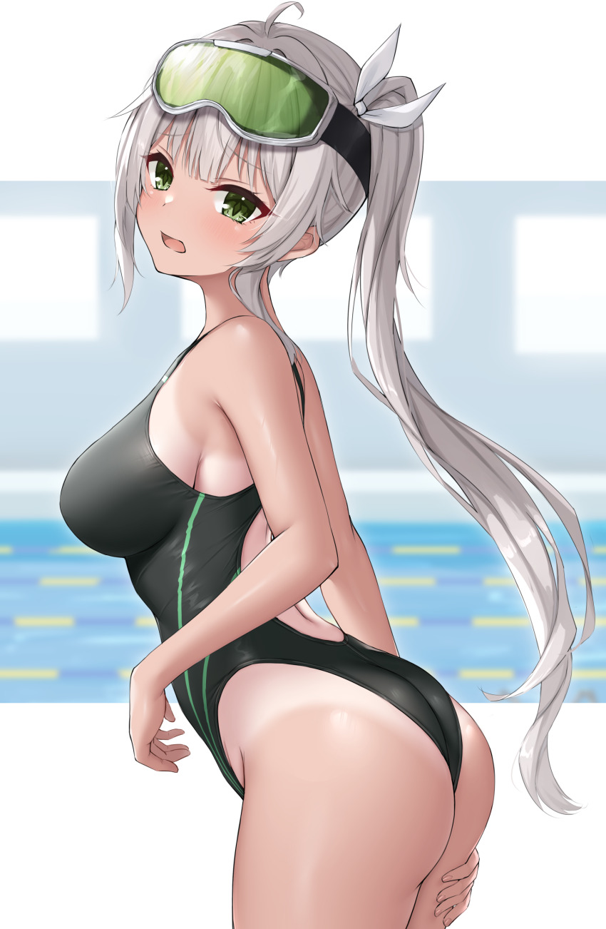 1girl, absurdres, ahoge, ass, black_one-piece_swimsuit, breasts, commission, competition_swimsuit