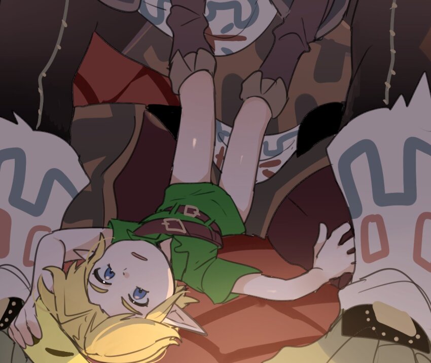 2boys, age_difference, blonde_hair, boy_on_top, brown_footwear, commentary_request, ganon, green_tunic, link, lying, male_focus, multiple_boys, muscular, muscular_male, nintendo, on_back, onii-shota, open_mouth, pointy_ears, shota, solo_focus, suikaels, the_legend_of_zelda, the_legend_of_zelda:_ocarina_of_time, tunic, worried, yaoi, young_link