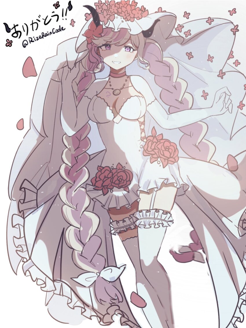 1girl, alternate_costume, artist_collaboration, black_horns, braid, breasts, bridal_veil, bride