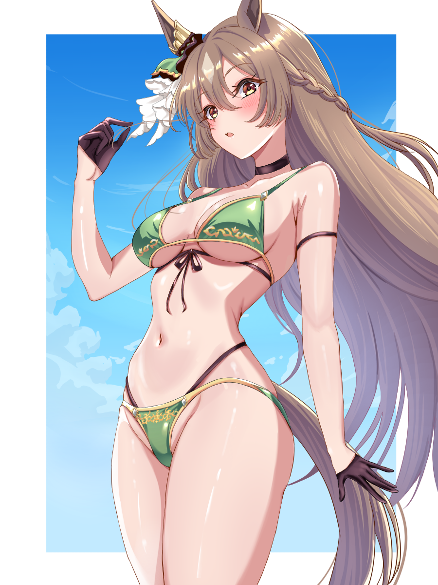 1girl, animal_ears, bikini, black_gloves, braid, breasts, brown_eyes, brown_hair