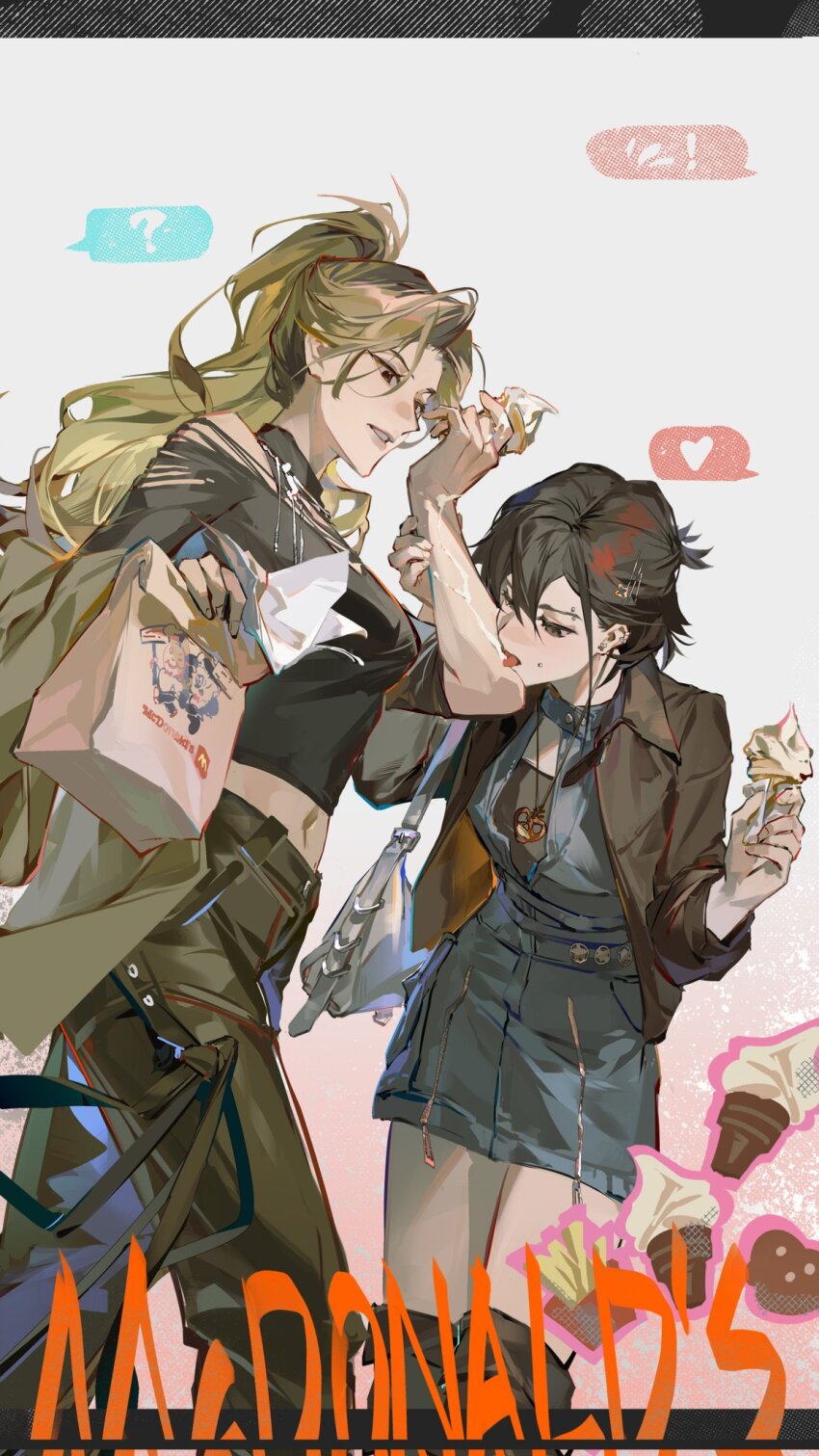 2girls, bag, black_eyes, black_hair, blonde_hair, breasts, chinese_commentary, ear_piercing