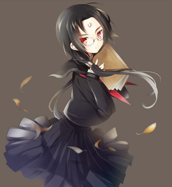 1boy, bad_id, bad_pixiv_id, bespectacled, black_hair, book, crossdressing, crossdressing_(mtf)