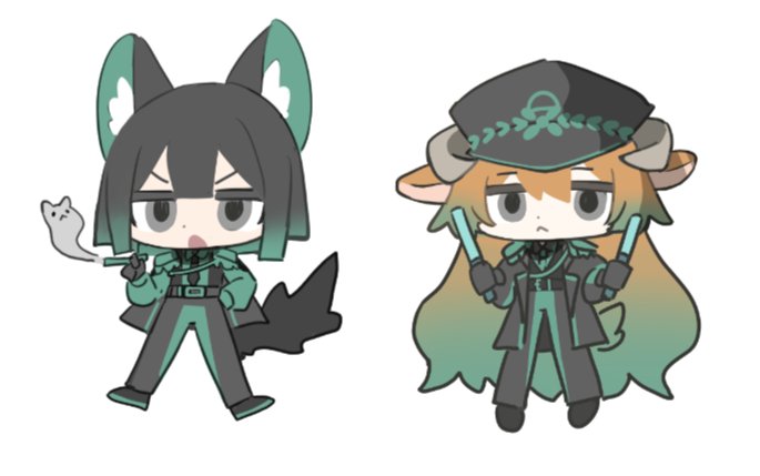 2girls, animal_ears, black_gloves, black_necktie, black_pants, blind_obsession_(e.g.o), chibi, cigarette