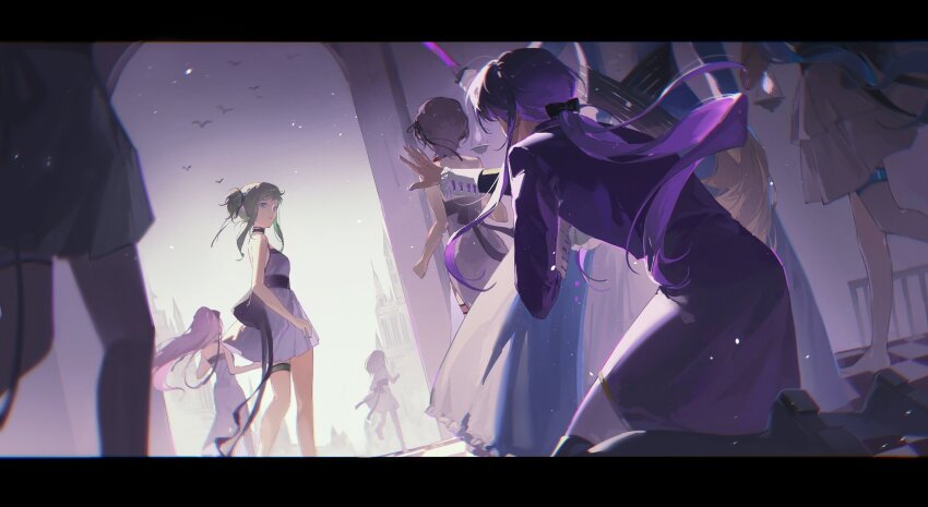 2boys, 6+girls, absurdres, aqua_hair, barefoot, black_footwear, blood, bloody_knife