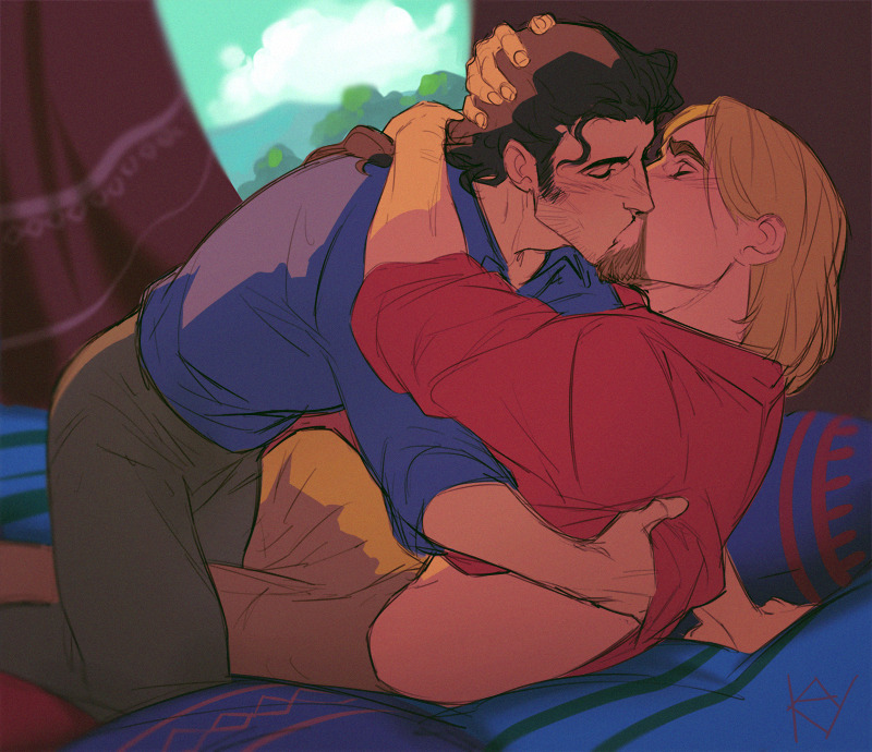 2boys, black_hair, blonde_hair, boy_on_top, couple, facial_hair, feet_out_of_frame, goatee, hand_under_clothes, hand_under_shirt, kaysd999, kiss, long_sideburns, male_focus, medium_hair, miguel_(el_dorado), multiple_boys, mustache, on_bed, shirt, sideburns, stubble, the_road_to_el_dorado, thick_eyebrows, tulio_(el_dorado), yaoi