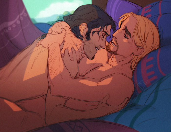 2boys, black_hair, blonde_hair, boy_on_top, couple, facial_hair, goatee, hug, kaysd999, long_sideburns, looking_at_another, lying, male_focus, medium_hair, miguel_(el_dorado), multiple_boys, mustache, nude, on_bed, sideburns, smile, sparse_arm_hair, stubble, the_road_to_el_dorado, thick_eyebrows, tulio_(el_dorado), upper_body, yaoi